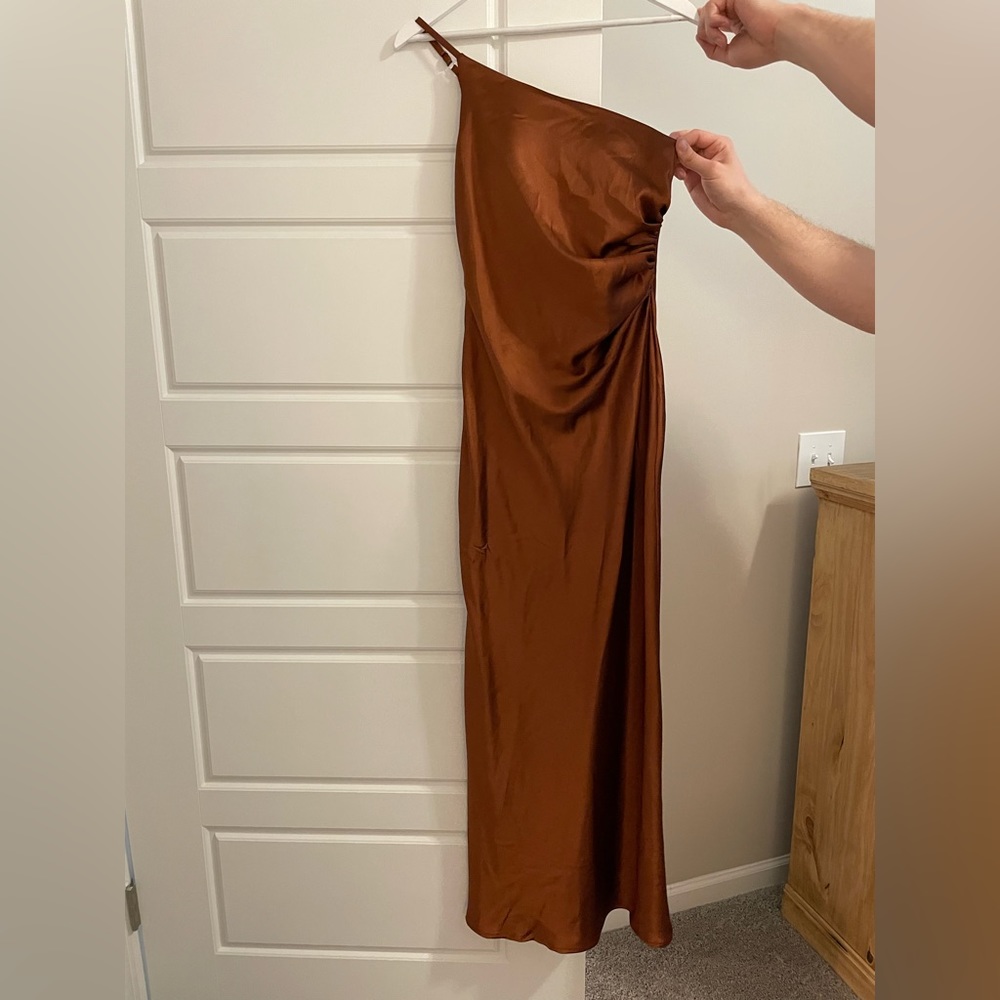 Revelry Jade Satin Dress (Color: Rust)